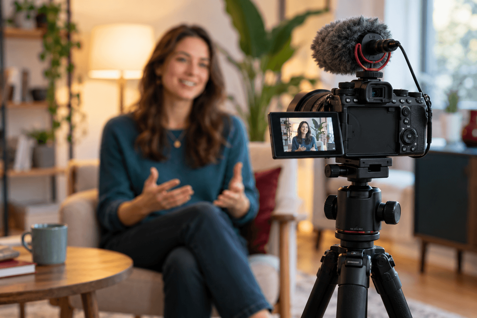 Filming an interview with a professional camera and microphone